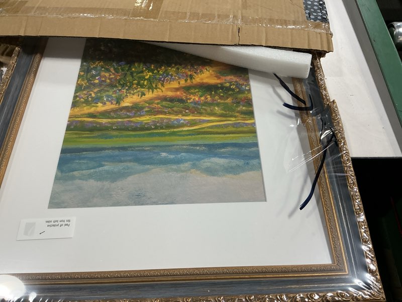 Condition photo showing As Is for golden state art, 16x20 vintage ornate finish photo frame with white mat for 11x14 picture & acrylic plexiglass. color: gold-blue 16x20 blue & gold