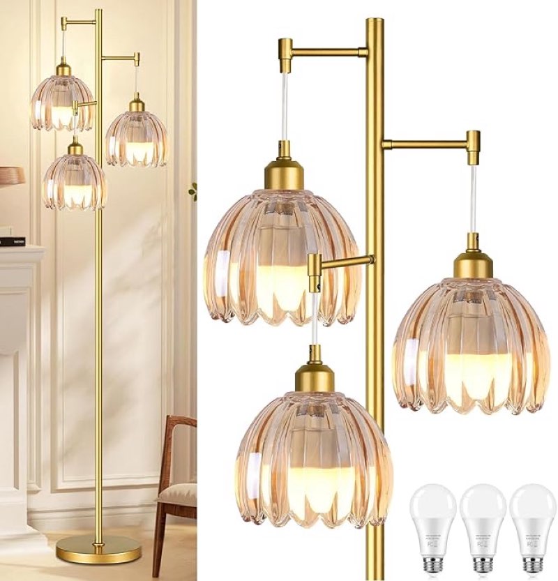 qiyizm gold floor lamp for living room,bedroom,tree 3 light standing lamp mid century modern brass tall floor lamps vintage retro floor lights glass flower amber lamp shade farmhouse boho bohemian