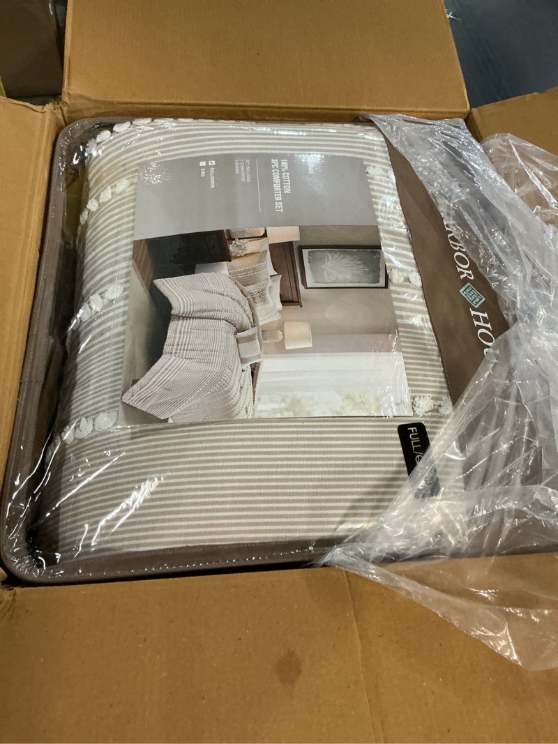 Condition photo showing Good Condition for Harbor House Cotton Comforter Set - Trendy Tufted Textured Design, All Season Down Alternative Cozy Bedding with Matching Shams, Anslee Pom Pom Taupe Full/Queen(92"x96") 3 Piece Full/Queen (92 in x 96 in) Anslee Pom Pom Taupe