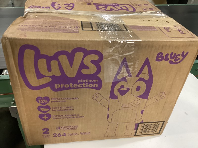 Condition photo showing New/Like New for Luvs Size 2 Baby Diapers, Platinum Protection Bluey Diapers for Day & Night, Size 2, 264 Count (Packaging May Vary) Size 2 264