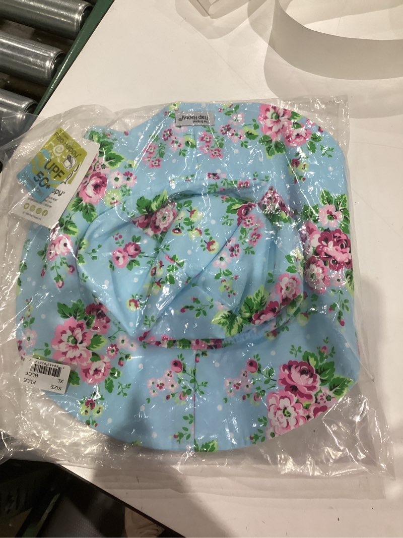 Condition photo showing New/Like New for Flap Happy Girls UPF 50+ Floppy Hat X-Large Blue Country Floral