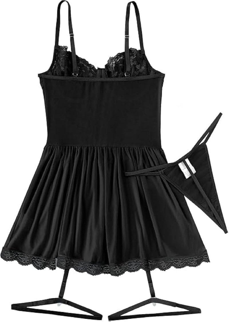 (similar)lilosy plus size curvy sexy garter belt mesh lace babydoll lingerie dress set with thong women flora size xxl