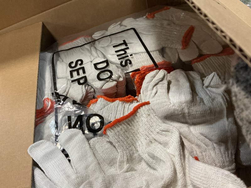 Condition photo showing Good Condition for sureio 200 pairs cotton work gloves for men bbq cotton liners knit polyester gloves for roping work safety men women white