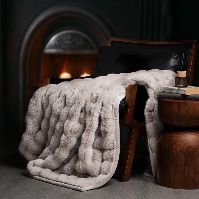 evergrace ultra soft luxury fluffy faux rabbit fur throw blanket, thick warm bubble throw for bed, cozy plush reversible blankets for couch, chair, sofa, taupe, 60x80 inches