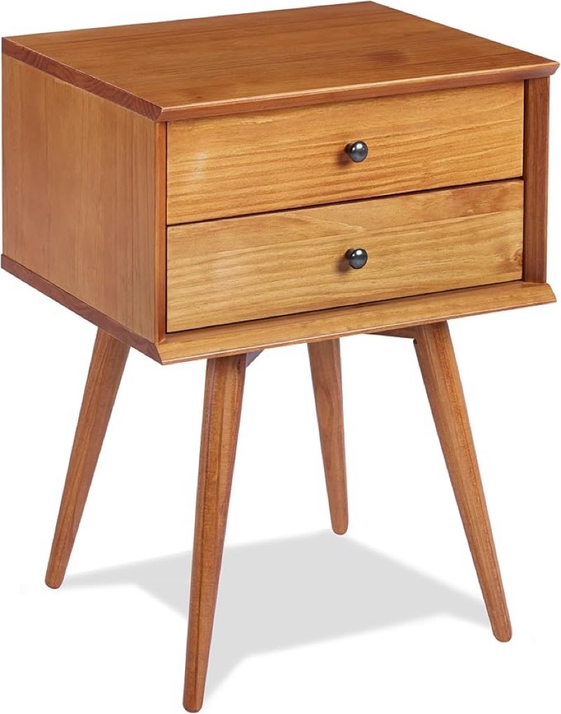 Mid Century 2 Drawer Wood Nightstand, End Table, Bedroom Storage (Castanho)