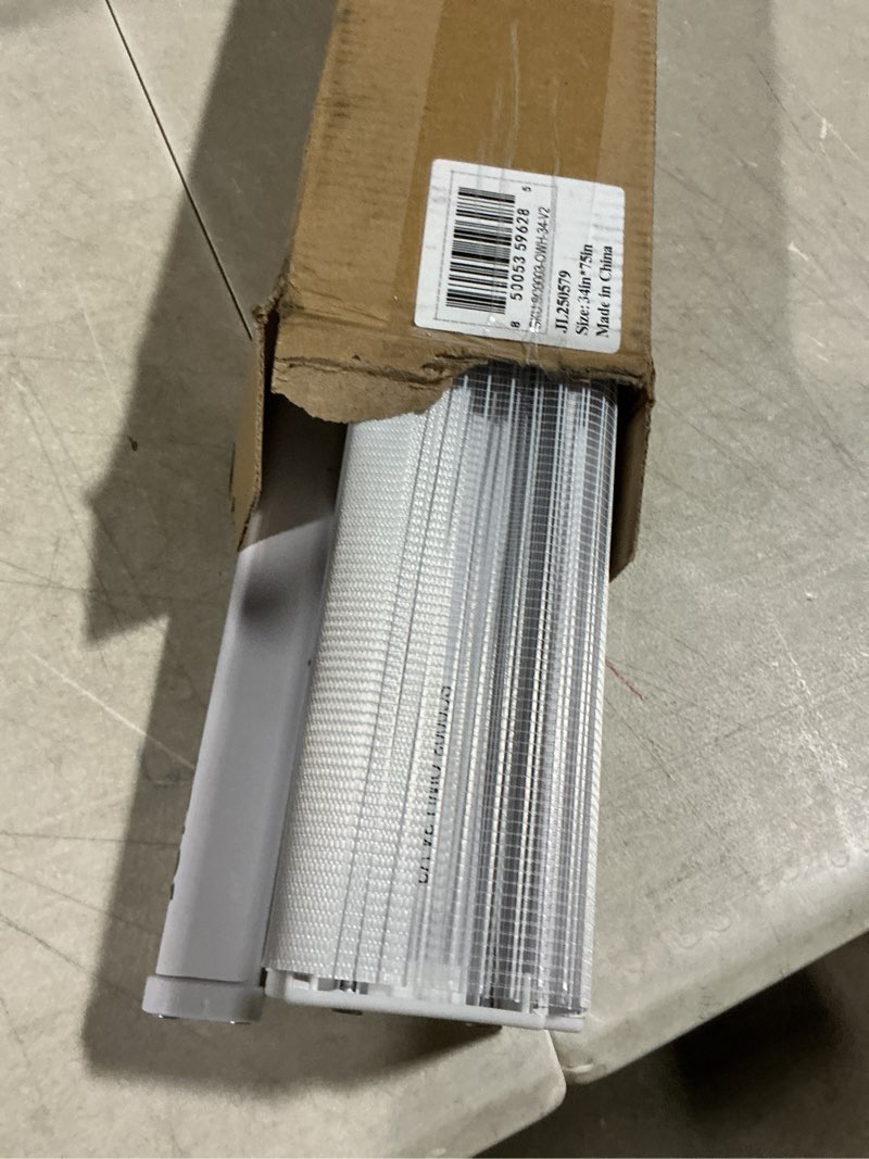 Condition photo showing As Is for joydeco cordless zebra blinds for windows, dual layer free-stop zebra shades privacy light control for day and night, light filtering sheer blinds for indoor windows (off-white, 34" w x 75" h) off-white 34" w x 75" h ready made