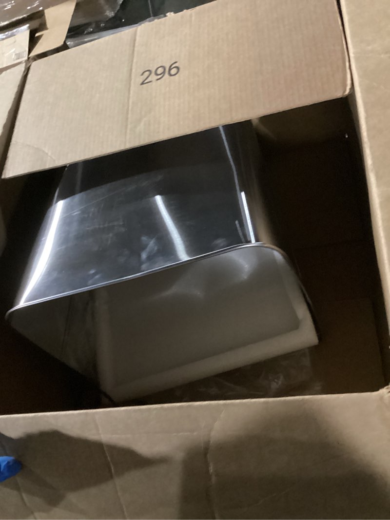 Condition photo showing As Is for Polder 7 Gallon, Undersink, No Skid Rubber Base, Brushed Stainless Finish Trash Can, 13.5” x 11” x 15.25”H