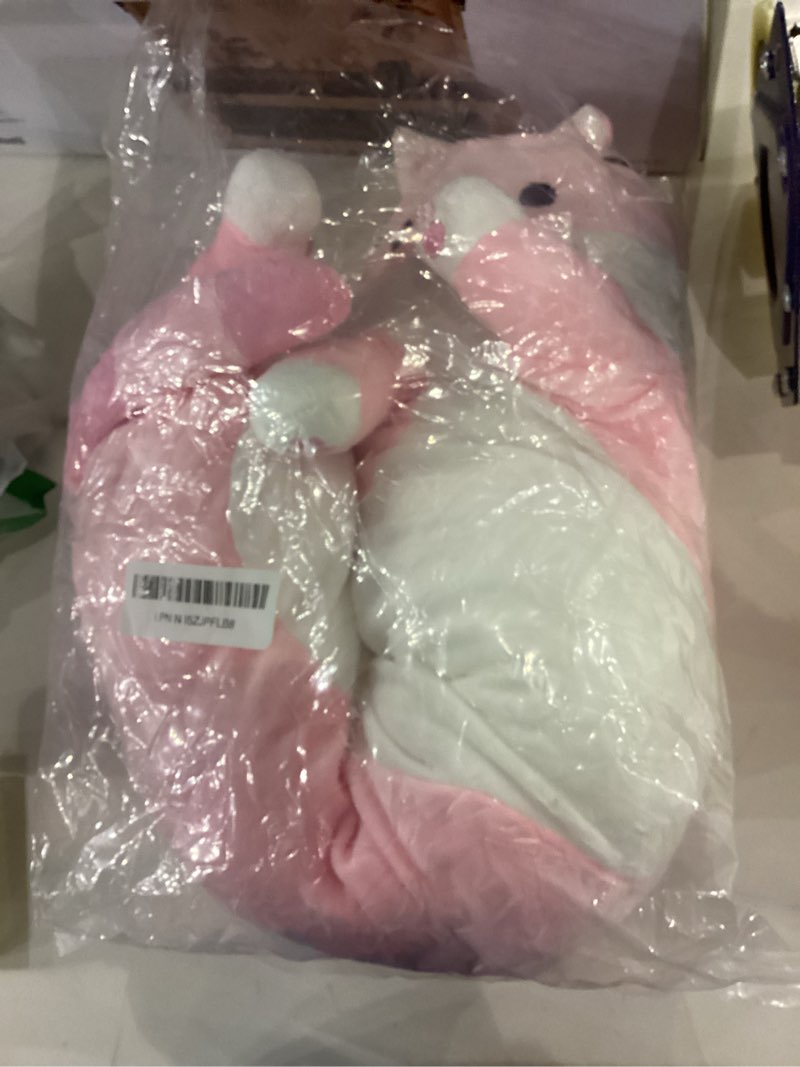 Condition photo showing As Is for Cute Cat Plush Long Body Pillow – Soft Cartoon Stuffed Animal Doll, Kawaii Cat Plushie Cuddle Toy for Kids, Girls & Girlfriend (Pink, 27.5 Inch) Pink 27.5 inches