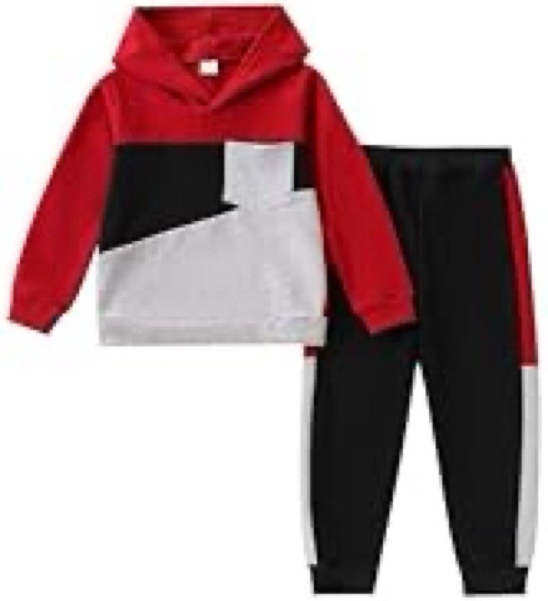 UNICOMIDEA Size 5-6 Boy Hoodie Sweatsuit Red 2-Piece Boys' Clothes Outfit Colorblock Hooded Pullover
