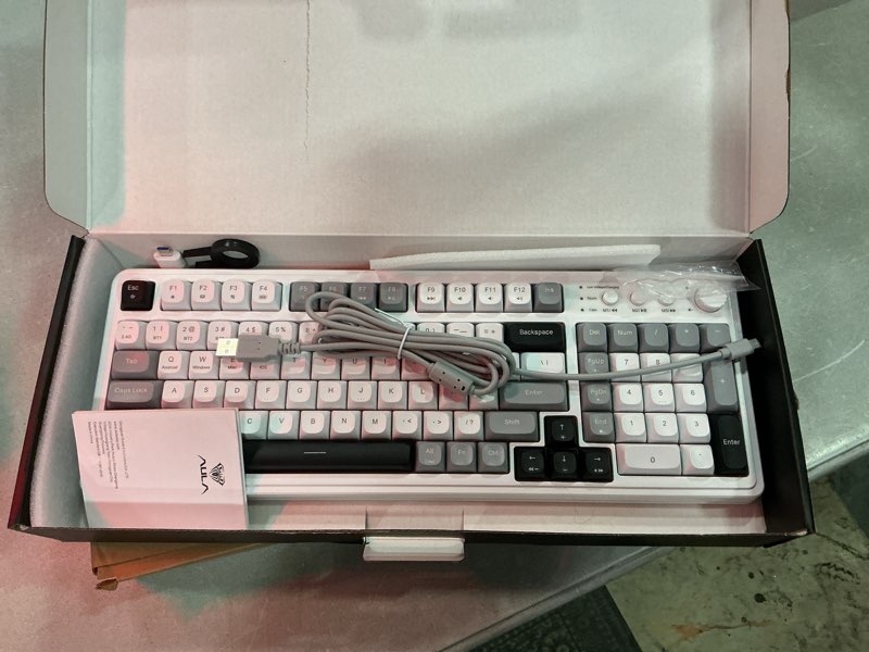 Condition photo showing As Is for aula 99 wireless keyboard, custom computer keyboard, tri-mode bluetooth 5.0/2.4ghz/usb-c cute creamy gaming keyboards with number pad, rgb backlit media knob programmable keybaord for pc gamer - grey grey-black-white