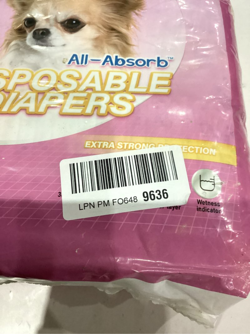 Condition photo showing As Is for HONEY CARE All-Absorb Disposable Female Dog Diapers Extra Small Size, Improved, 50 Count, Super Absorbent, Breathable, Wetness Indicator (Pack of 1, 50 Count Total) X-SMALL(Pack of 1)