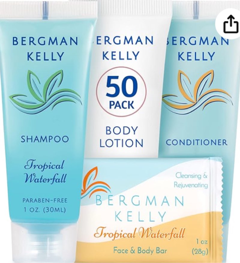 bergman kelly hotel toiletries bundle (tropical waterfall, 1 oz each, 200 pieces) 4-piece set: 50 rectangular bar soap, 50 shampoo, 50 conditioner & 50 body lotion - bulk mini guest amenities
