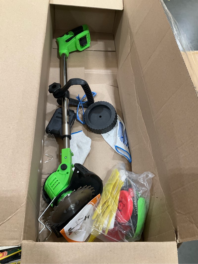 Condition photo showing As Is for 21v cordless weed wacker with wheels, 3-in-1 electric string trimmer, lawn edger & brush cutter, includes 2x2.0ah batteries & 3 blades, lightweight adjustable trimmer for thick weeds & small yards
