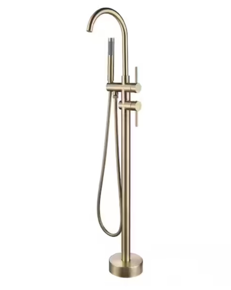 Freestanding 2-Handle Floor Mounted Roman Tub Faucet Bathtub Filler with Hand Shower in Gold