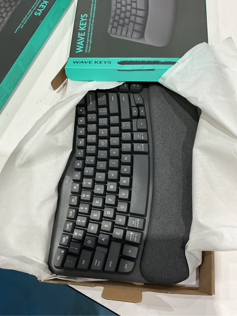 Condition photo showing New/Like New for logitech wave keys wireless ergonomic keyboard with cushioned palm rest, comfortable natural typing, easy-switch, bluetooth, logi bolt receiver, for multi-os, windows/mac - graphite graphite keyboard