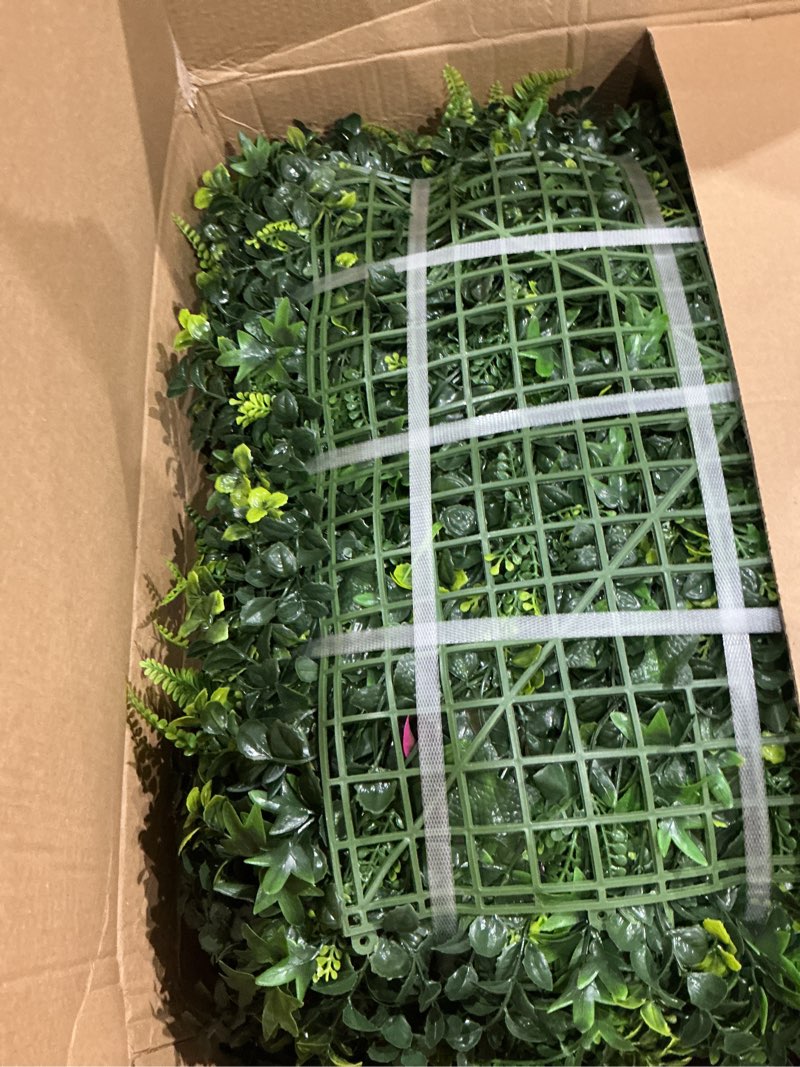 Condition photo showing Good Condition for greenery grass wall boxwood plant panel: 20"x 20"(12p) with uv resistant green leaves faux for interior wall, greenery backdrop,garden and indoor outdoor wall&fence covering privacy 20"x20" 12