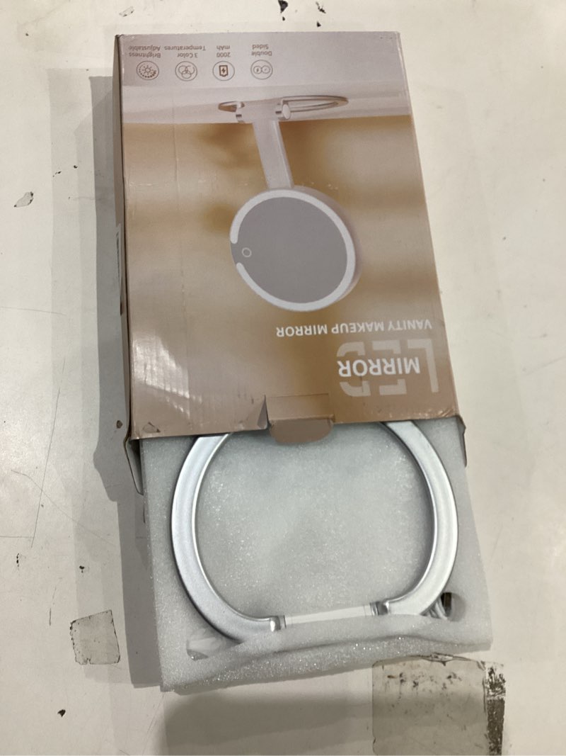 Condition photo showing As Is for Portable Travel Makeup Mirror with Lights - 3 Color Dimmable Lighting, 360° Rotation, Rechargeable Double-Sided 1X/10X Magnifying Mirror, Adjustable Brightness for Tabletop, Home & On-the-Go Use White 13.7"L x 8.5"W