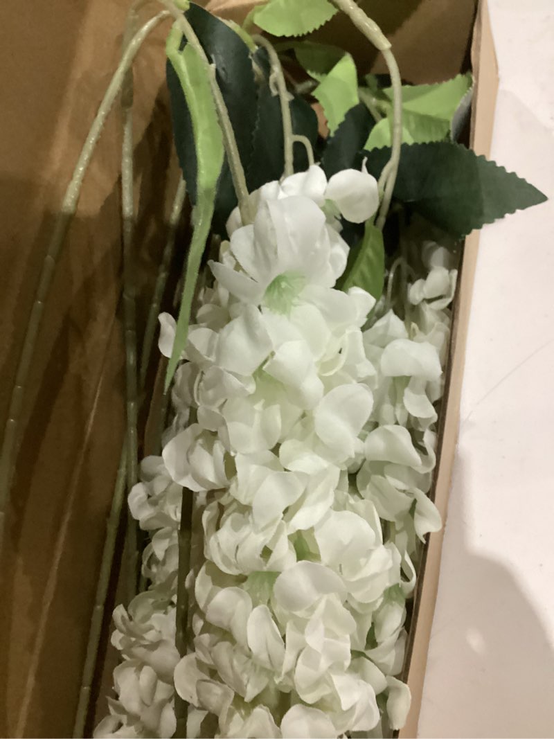 Condition photo showing As Is for ipopu artificial wisteria flower for outdoors 4pcs white silk wisteria hanging flower faux hanging flowers for home wall arch party wedding decor(white)