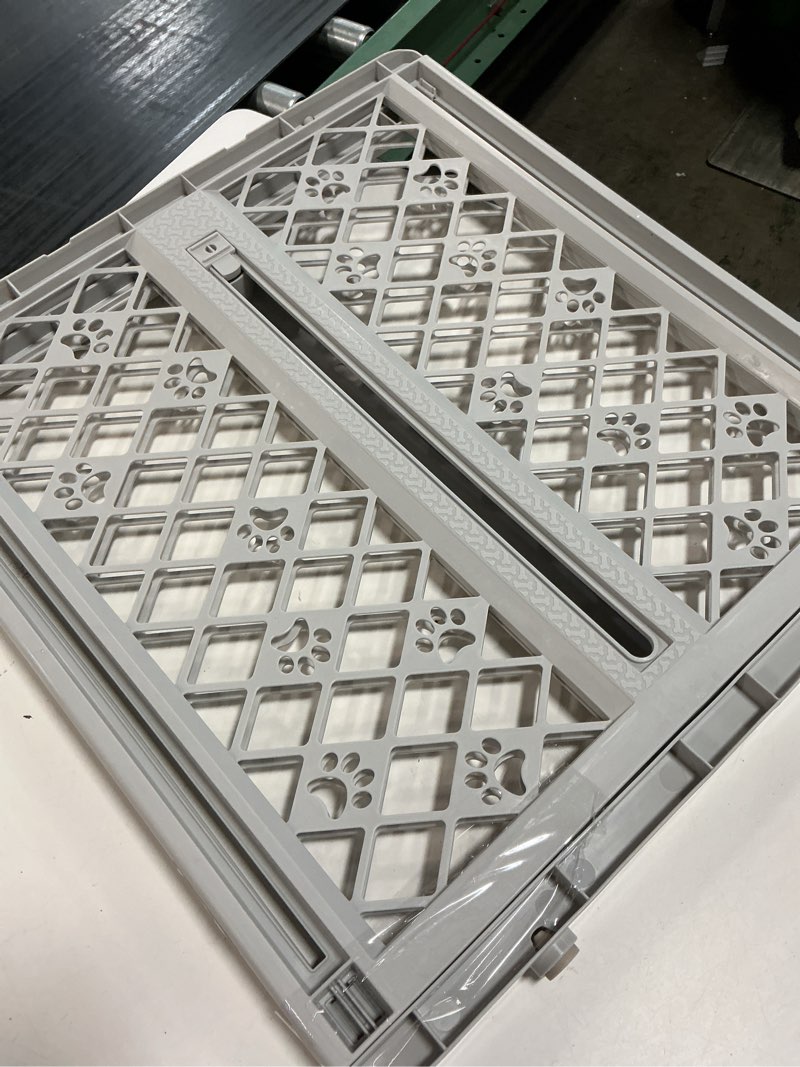 Condition photo showing As Is for mypet north states paws portable pet gate: 26-40" wide. pressure mount. no tools needed. made in usa. dog gate 23" tall, expandable, durable dog gates for doorways, light gray