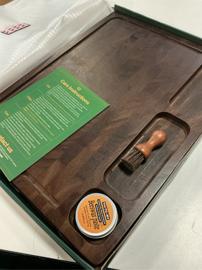 Condition photo showing Good Condition for walnut wood cutting boards for kitchen, large chopping board double sided, end grain cutting board with handle, charcuterie butcher block for meal prep & serving with gift box, 17"×13"×1" walnut 17"l x 13"w