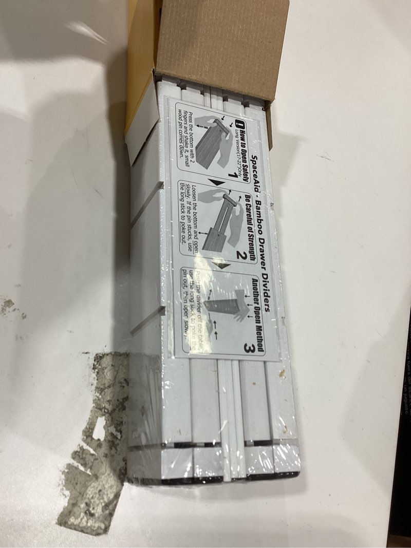 Condition photo showing New/Like New for SpaceAid Bamboo Drawer Dividers with Inserts and Labels, Kitchen Adjustable Drawer Organizers, Expandable Organization for Home, Office, Dressers, 4 Dividers with 9 Inserts (17"-22" White) 2.35''H, 17''-22''L, 4 Dividers WHITE