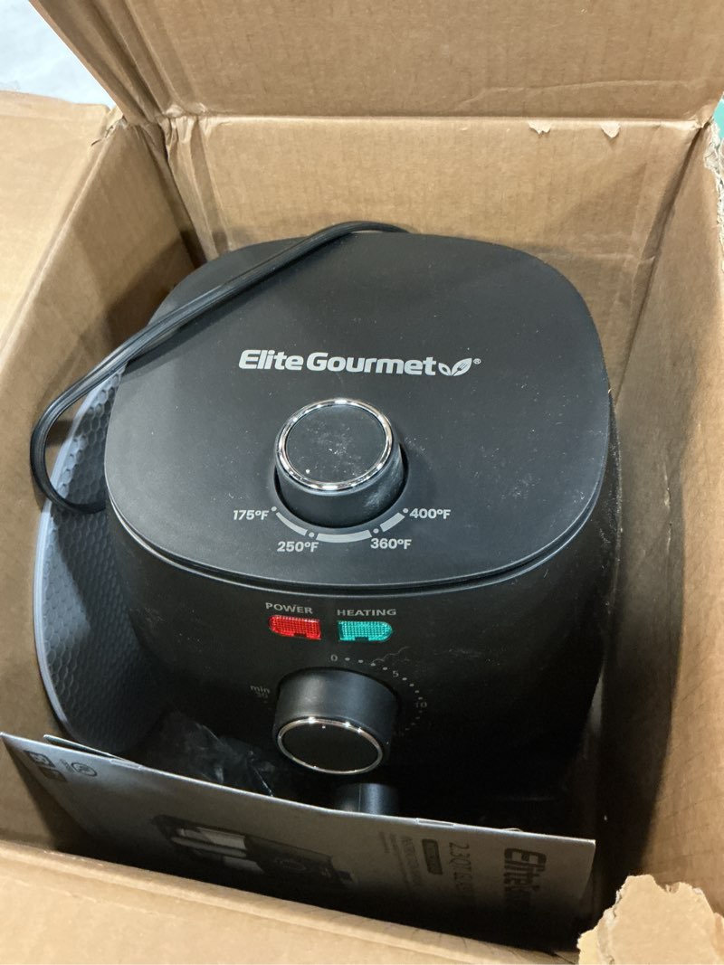 Condition photo showing Good Condition for Elite Gourmet EAF2305 Glass Air Fryer, 2.4Qt Capacity, PFAS Free Ceramic Coated Ceralast™ Air Fry Rack, Adjustable Temperature 175°F to 400°F, 30-Minute Timer, 1150-Watts, 15 Recipes, Black 2.4 Quart