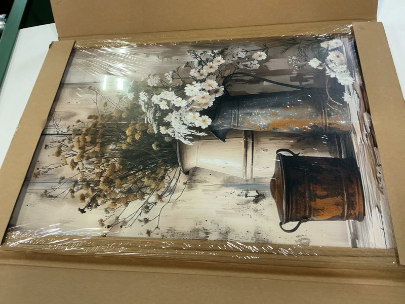 Condition photo showing Good Condition for Krtoni Framed Farmhouse Vintage Canvas Wall Art, Country Floral Daisy Picture Wall Decor, White Jasmine Flowers and Rust Kettle Poster Print for Living Room Bedroom Bathroom Rustic Decor 24''L x 16''W 24"L x 16"W Kettle Daisy