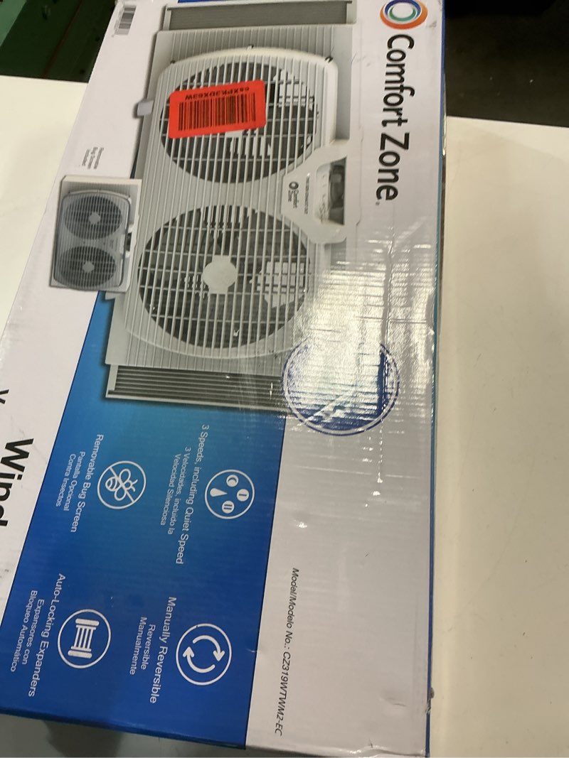 Condition photo showing Good Condition for comfort zone 9-inch 3-speed reversible twin window fan – dual blade window exhaust fan with auto-locking expanders, 22.25" to 33" wide – tabletop feet & removable bug screen included white 3-speed