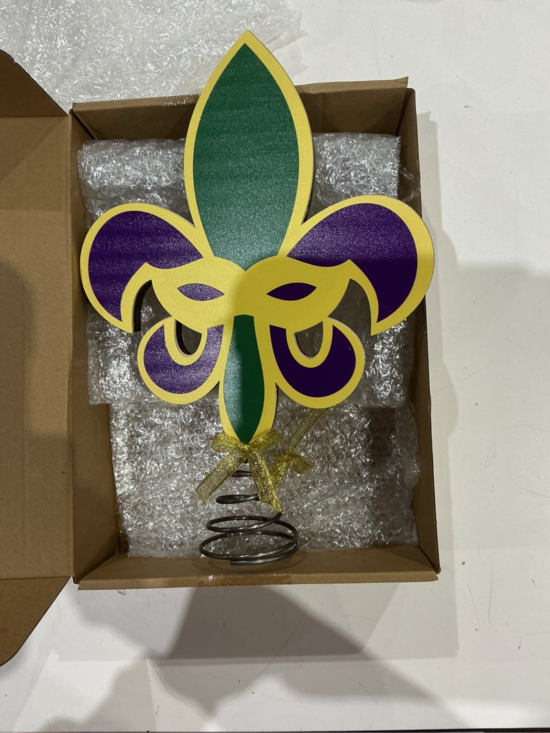 Condition photo showing As Is for mardi gras tree toppers decorations led large wood carnival treetop plug purple green gold mardi gras fleur de lis mystery mask decorations for carnival holiday indoor outdoor party favors wood 10 inches carnival