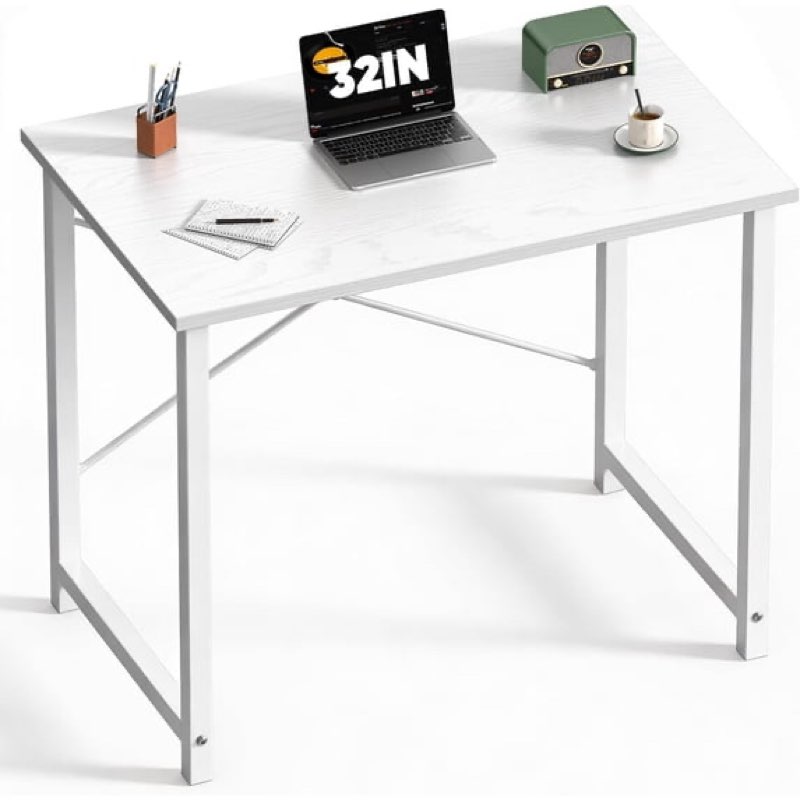 Small Computer Desk,31 Inch Office Writing Work Desk with Metal Frame Wooden Tabletop, Student Study Home Bedroom Table with X-Shaped Reinforcement, white