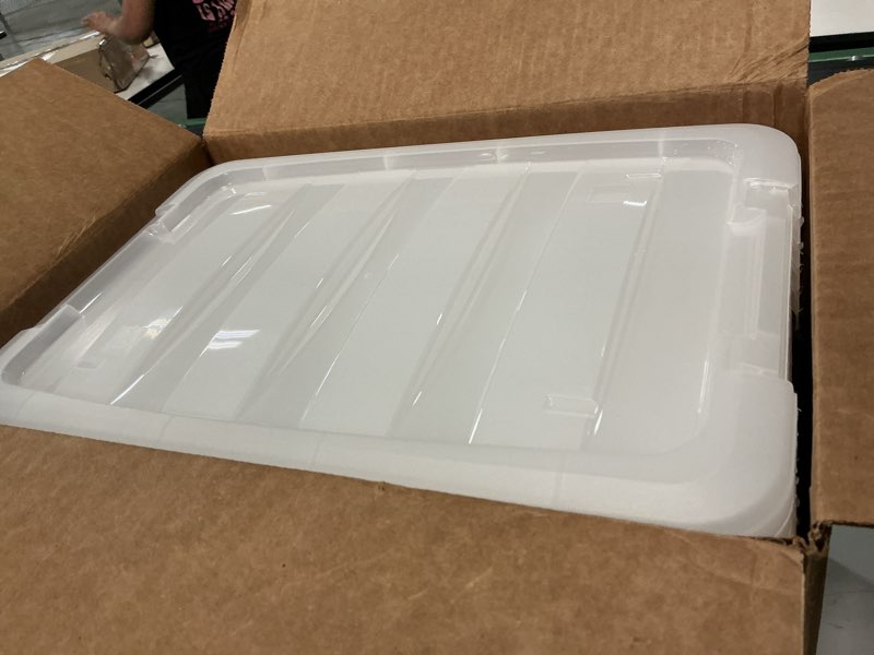 Condition photo showing As Is for iris usa 13 qt plastic storage box with lid and latches - 6 pack - bpa-free, discreet organizing solution, durable nestable stackable containers, secure pull handle - pearl pearl 13 qt 6 pack
