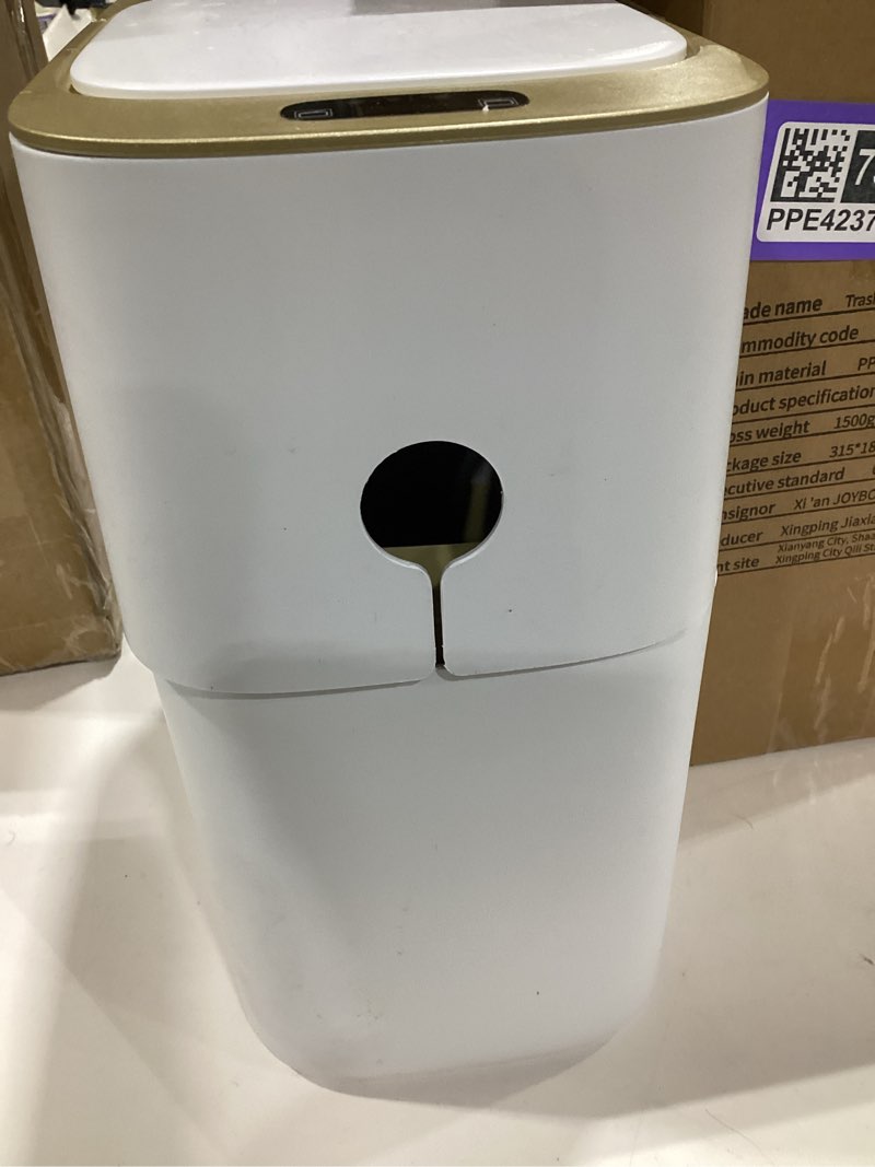 Condition photo showing As Is for MOPALL Touchless Bathroom Trash Can with Lid, 3 Gallon / 12L Slim Motion Sensor Garbage Bin, Automatic Waste Basket for Bedroom, Office & Narrow Spaces, White & Gold 3.1 Gallon
