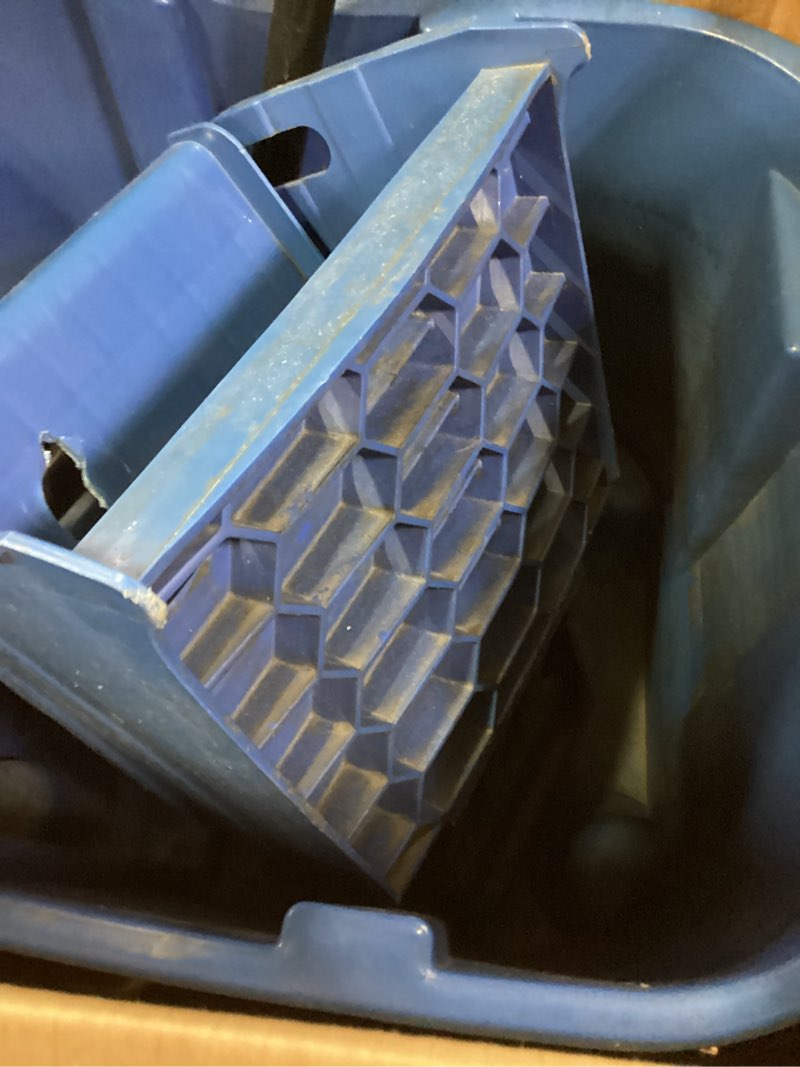Condition photo showing As Is for Rubbermaid Commercial Products WaveBrake 35 QT Side-Press Mop Bucket and Wringer Combo on Wheels, Blue, for Heavy-Duty Floor Cleaning