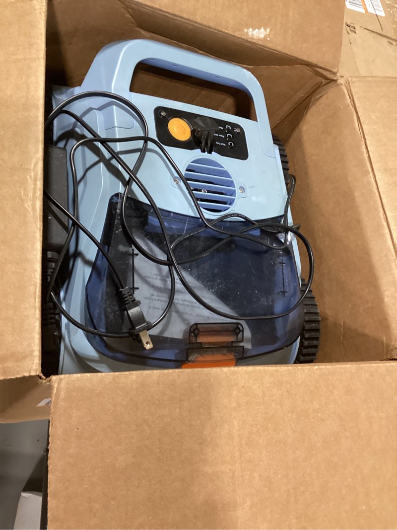 Condition photo showing As Is for (similiar product2026 upgrade) cordless robotic pool cleaner, automatic pool vacuum for above ground & inground pools, 180-min runtime, 3l basket for leaves & debris, auto-parking, powerful suction up to 2200 sq.ft light-purple