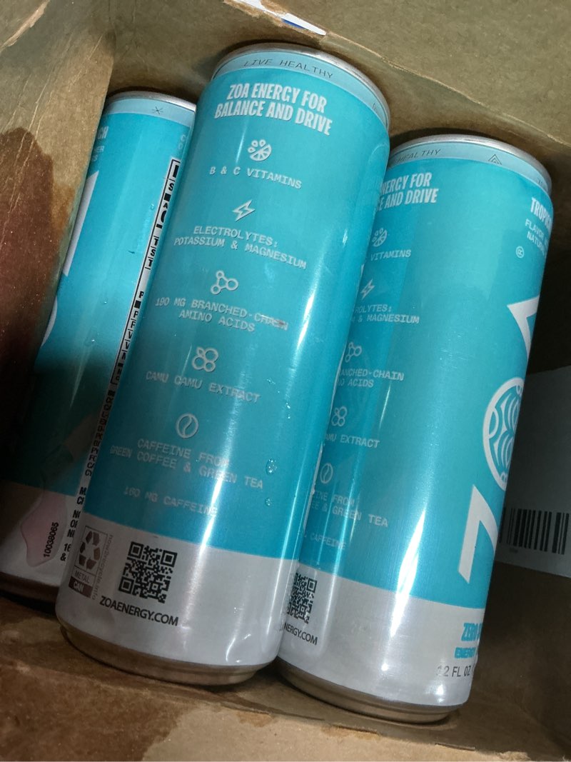 Condition photo showing As Is for (bbd 10/12/26)  missing one bottle zoa zero sugar energy drink variety pack, sugar free with electrolytes, healthy vitamin c, amino aci