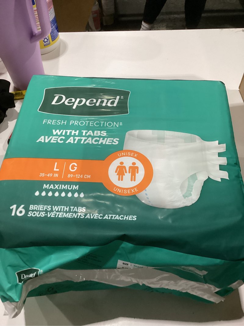 Condition photo showing New/Like New for Depend Incontinence Protection with Tabs, Unisex, Large (35–49" Waist, over 170 lbs), Maximum Absorbency, 48 Count (3 Packs of 16) Large (48 Count)