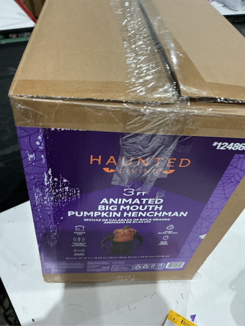 Condition photo showing As Is for haunted living 3-ft motion activated growling pumpkin henchman animatronic