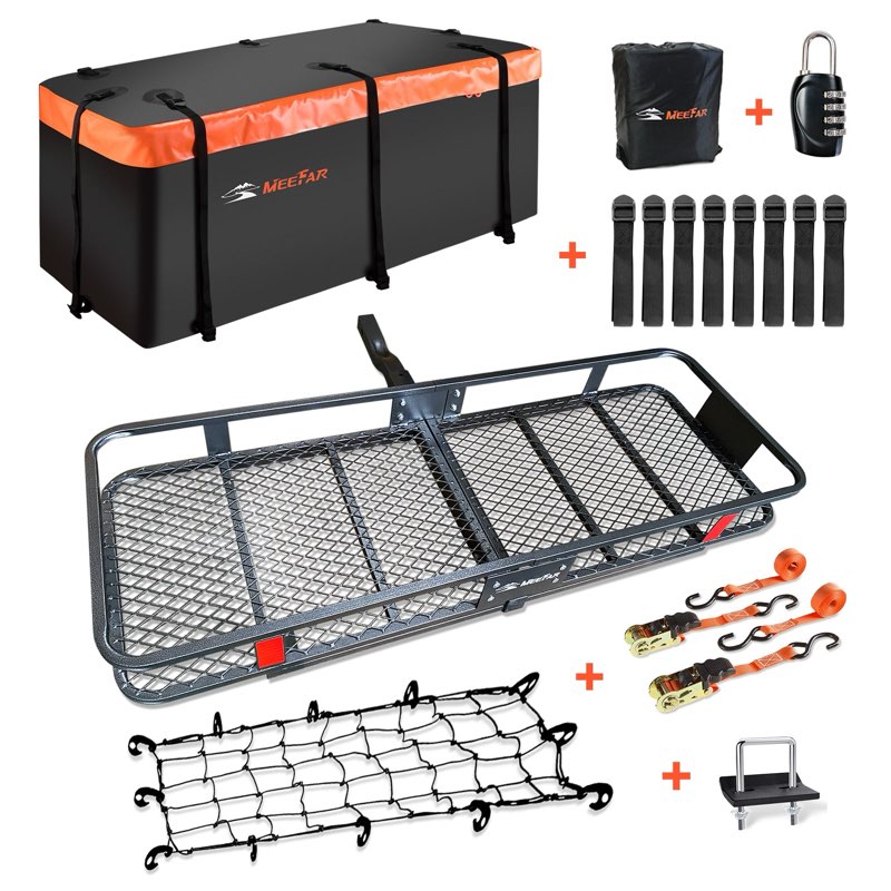 meefar folding hitch mount cargo carrier basket 60\" x 20\" x 6\"+waterproof cargo bag 16 cubic feet(58
