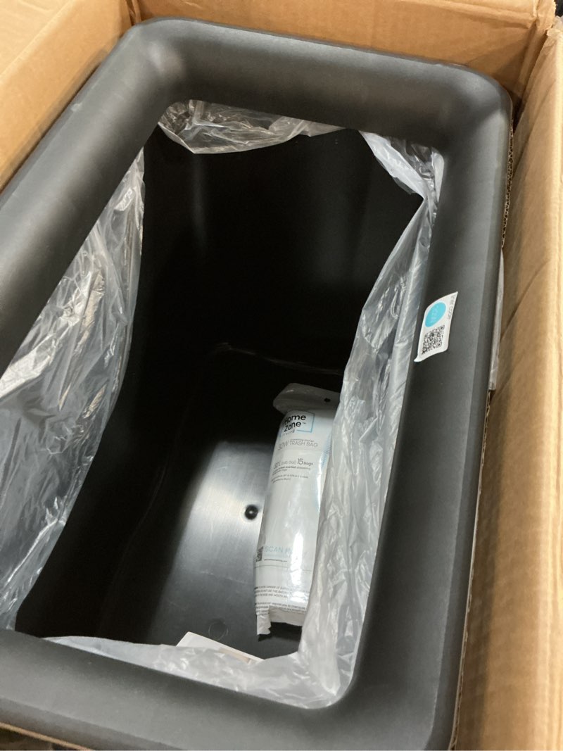 Condition photo showing Good Condition for home zone living 8.7 gallon kitchen trash can with open top, stainless steel, slim shape