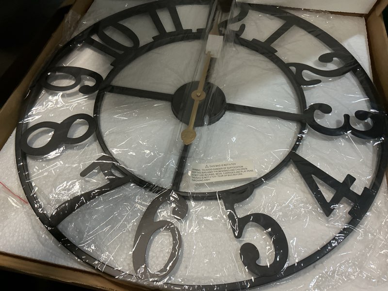 Condition photo showing New/Like New for leike large wall clock, 24" silent non-ticking, battery operated, oversized, decorative retro black metal clock for living room,farmhouse, dinner room,indoor, outdoor decor(60cm, black arabic number) 24 inch black-arabic number