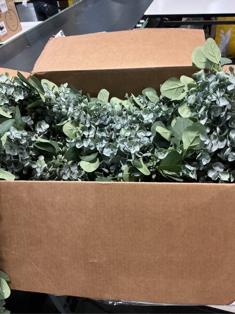 Condition photo showing Good Condition for ouddy decor 2 pack eucalyptus garland total 13.1 ft lush silver dollar leaves boxwood artificial faux greenery vines for baby shower wedding party table runner room home mantle decor green 2 pack