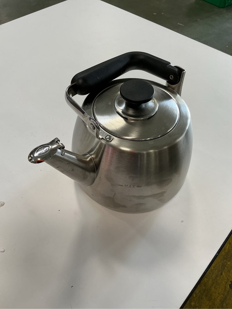 Condition photo showing Good Condition for Sur La Table Kitchen Essentials 2 Qt Heavy Gauge Brushed Stainless Steel Whistling Tea Kettle – Durable Stovetop Kettle 2 Quarts Brushed Stainless