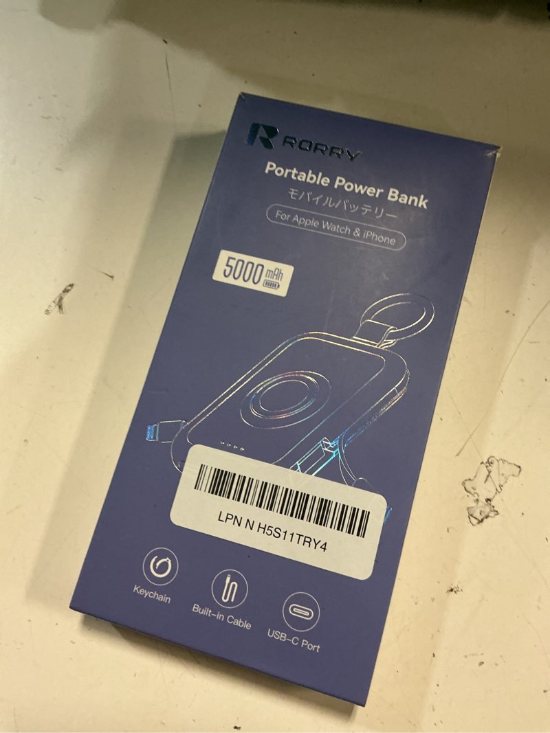 Condition photo showing As Is for rorry portable charger, 5000mah portable charger power bank with built-in cables, travel keychain battery pack for apple watch ultra/11/10/9/8/7/6/se, iphone air/17/16/15/14/13/12, purple