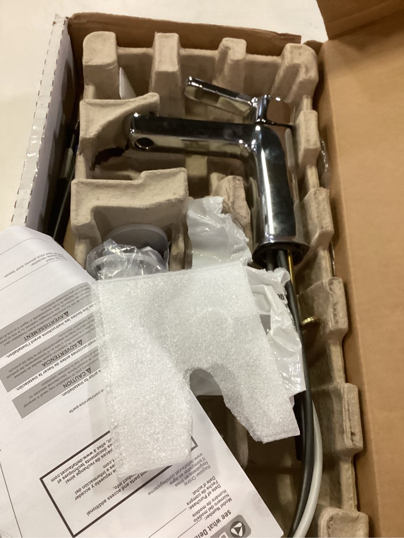 Condition photo showing As Is for Delta Modern Chrome Bathroom Faucet 1 Hole, Single Hole Bathroom Sink Faucet for Vanity, Push-Pop Drain Assembly, Chrome 581LF-PP