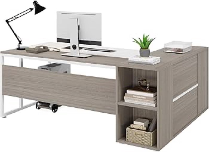 Tribesigns 71 inch Executive Desk, L Shaped Desk with Cabinet Storage, Executive Office Desk with Shelves, Business Furniture Set Workstation for Home Office, Gray and White INCOMPLETE SET box B only 