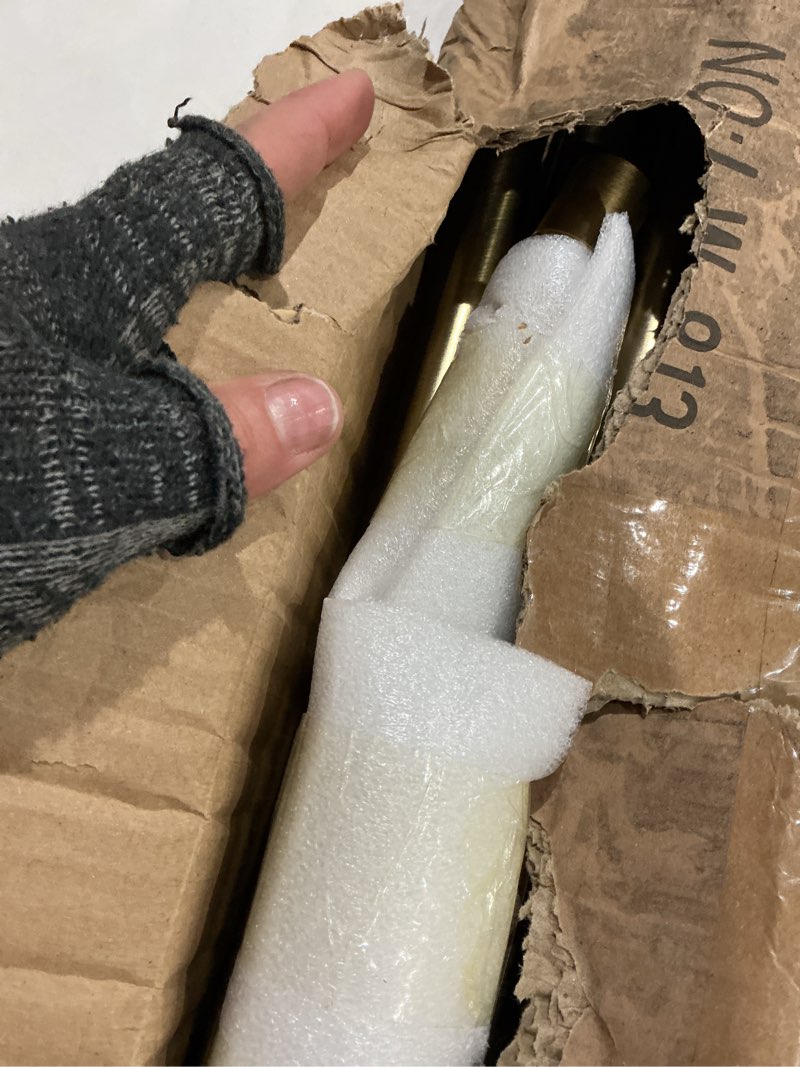Condition photo showing As Is for double curtain rod 140 to 164 inch,1 inch heavy duty curtain rods for windows with solid aluminum cylindrical finials and bracket,1’’ front and 5/8’’ back telescoping double drapery rod,warm gold warm gold 140-164"