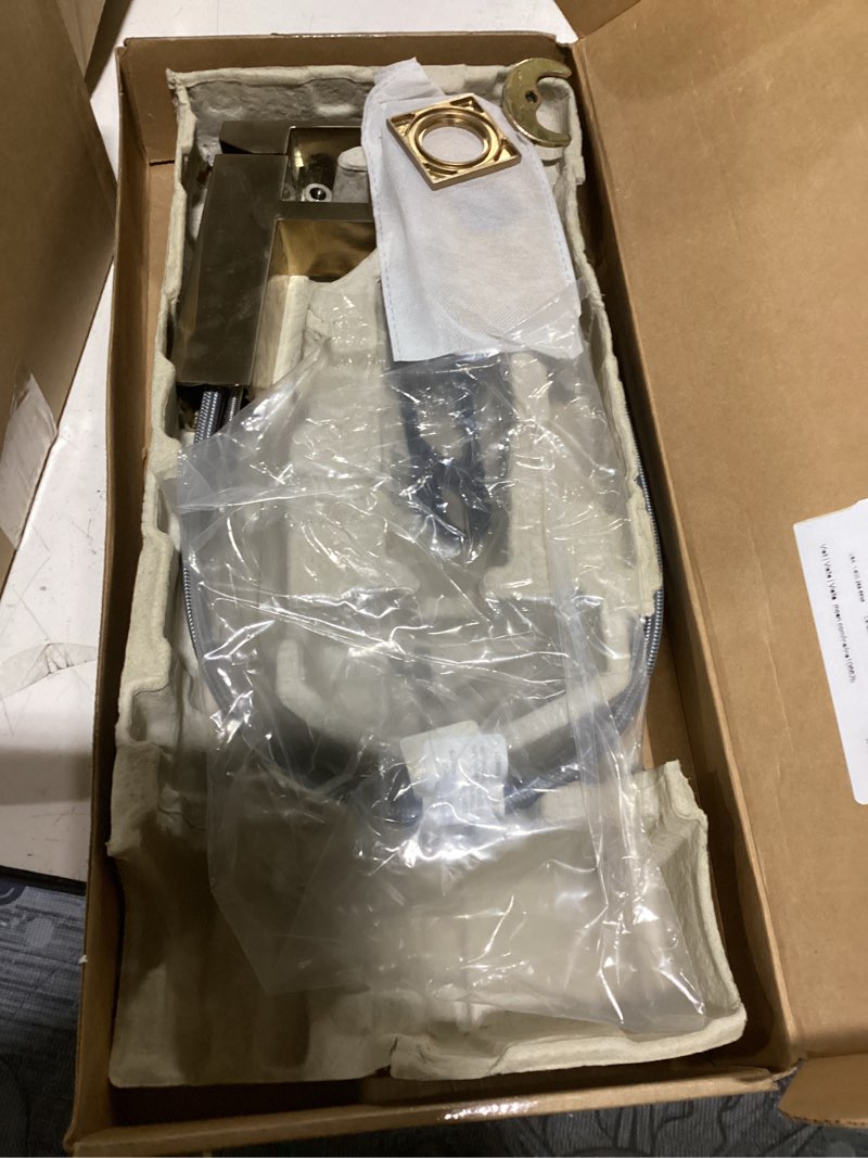 Condition photo showing New/Like New for moen revyl bronzed gold one-handle single hole modern bathroom sink faucet with optional deckplate and spring loaded drain assembly, 84771bzg