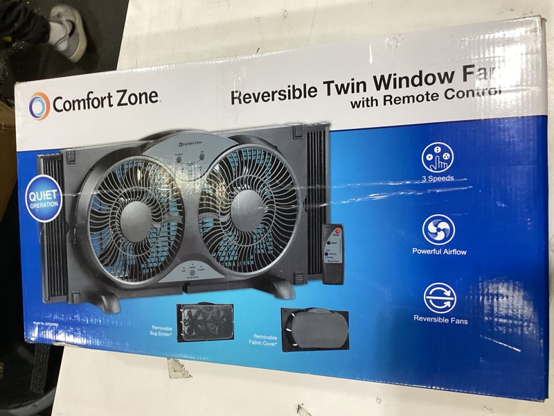 Condition photo showing Good Condition for Comfort Zone 9-Inch Reversible Twin Window Fan with Remote Control – 3-Speed Dual Blade Fan with Exhaust, Cooling & Circulate Modes, Expandable Width 23.5" to 37", Removable Bug Screen & Tabletop Feet Black 3-Speed w/Remote