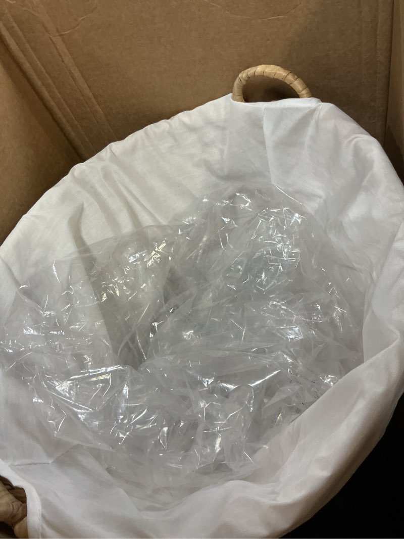 Condition photo showing Good Condition for Household Essentials Round Wicker Laundry Basket with Handles, Whimsical Water Hyacinth Basket, Supportive Metal Frame, Removable Polyester Liner, Handwoven, Well-Structured and Versatile, Natural Natural Water Hyacinth