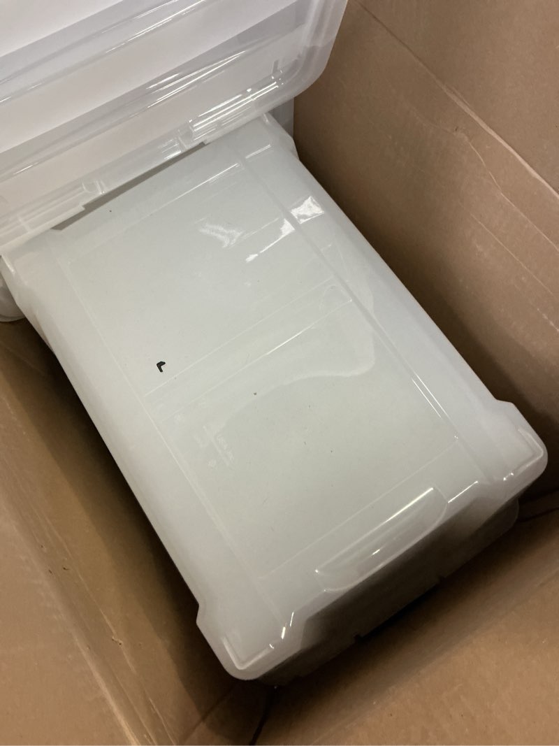 Condition photo showing As Is for IRIS USA 13 QT Plastic Storage Box with Lid and Latches - 6 Pack - BPA-Free, See-Through Organizing Solution, Durable Nestable Stackable Containers, Secure Pull Handle - Clear Clear 13 Qt 6 Pack